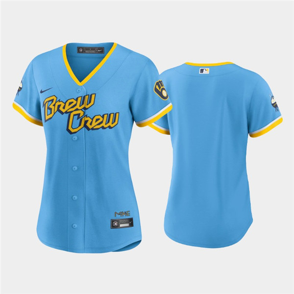 Women's Milwaukee Brewers Blank Powder Blue 2022 City Connect Cool Base Stitched Jersey(Run Small)